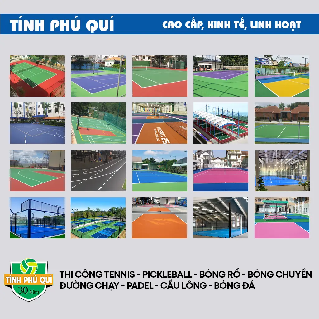 Xây chung mặt sân cầu lông - pickleball cao cấp 9 lớp sơn có 10% Hạt Cao Su US Open Laykold trên nền ciment